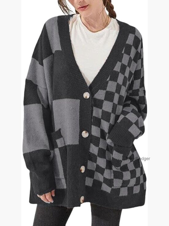 Sweaters - Slouchy Checkered Cardigan Oversized Open Front Plaid Knit Sweater Coat